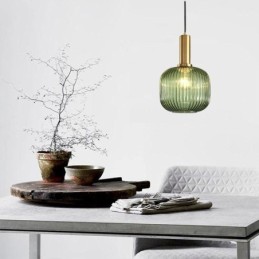 Ribbed Glass Pendant Light with Brass Holder