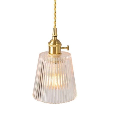 Brass Ribbed Glass Pendant Light Cone Shade With Twist Switch