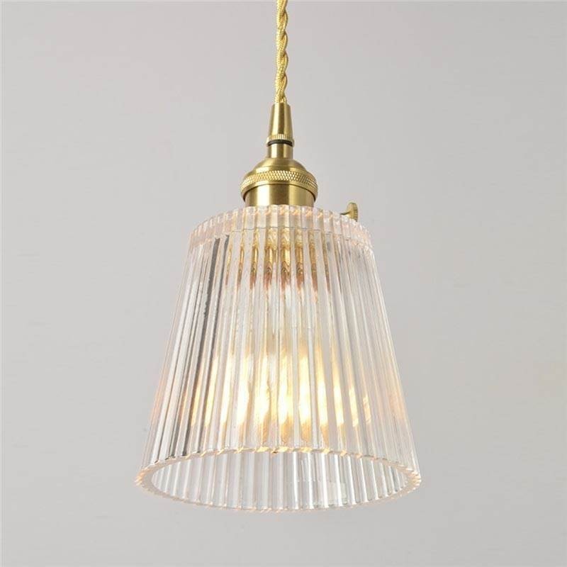 Brass Ribbed Glass Pendant Light Cone Shade With Twist Switch