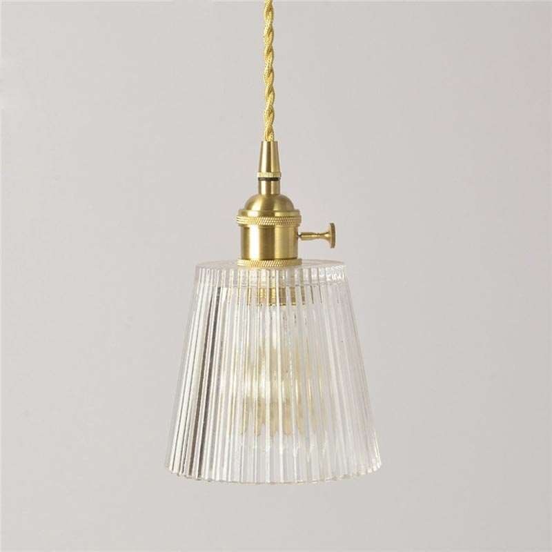 Brass Ribbed Glass Pendant Light Cone Shade With Twist Switch