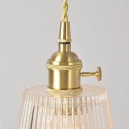 Brass Ribbed Glass Pendant Light Cone Shade With Twist Switch