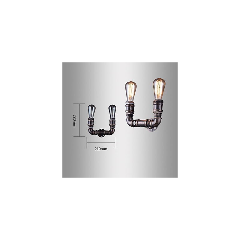 2 Lights Vintage Metal Water Pipe Wall Lamp With Edison Bulb