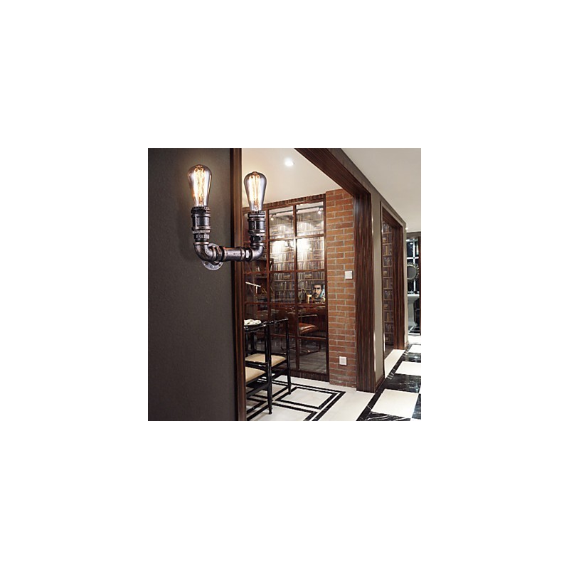 2 Lights Vintage Metal Water Pipe Wall Lamp With Edison Bulb