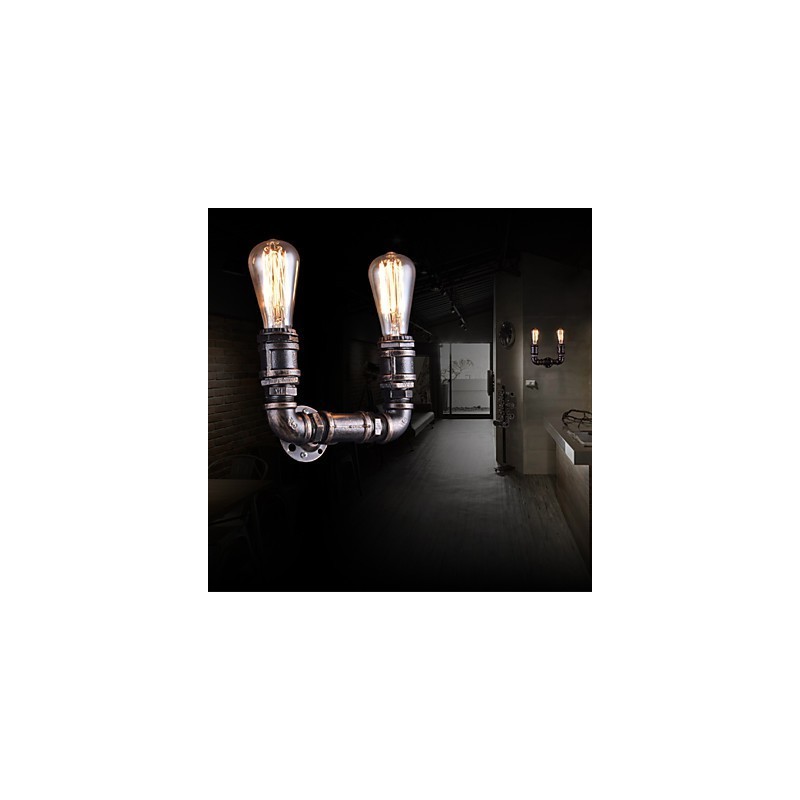 2 Lights Vintage Metal Water Pipe Wall Lamp With Edison Bulb