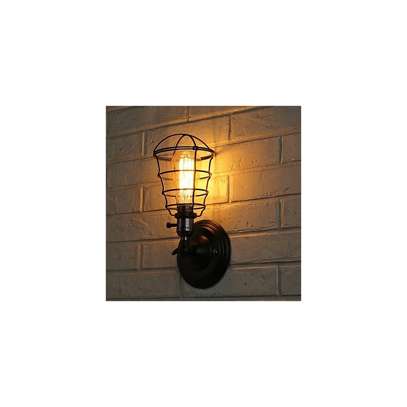With switch Vintage 1 Light Industrial Black Metal Cage Loft Wall Lamp Living Room Dining Room Hallway Cafe Bars Bar Wall Sconce