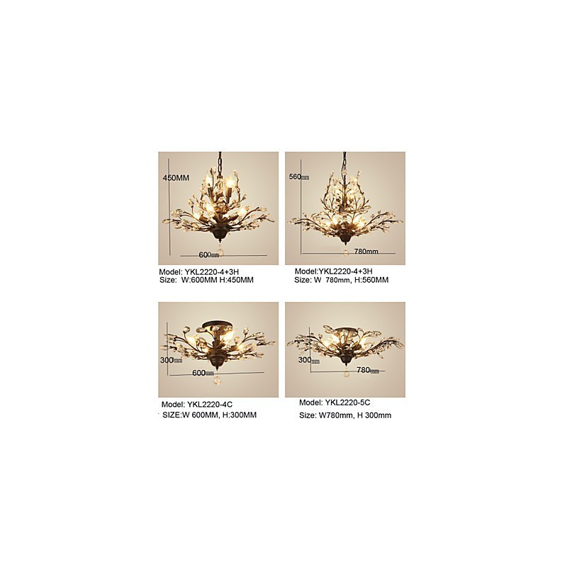 Vintage Crystal Flush Mount 8 Lights Metal Painting Black OR Gold