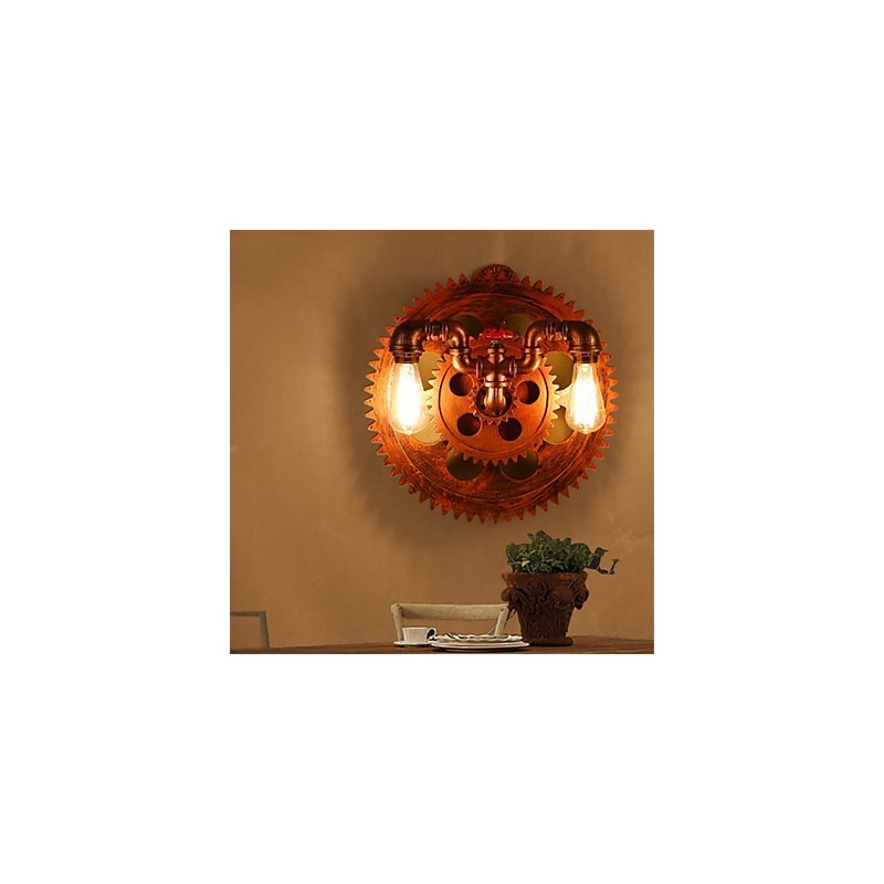 2 Heads Vintage Industrial Wall Lights Wood Gear Shape Lights Restaurant Cafe Bar Decoration Wall Sconces