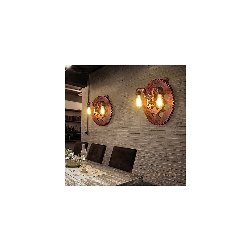 2 Heads Vintage Industrial Wall Lights Wood Gear Shape Lights Restaurant Cafe Bar Decoration Wall Sconces