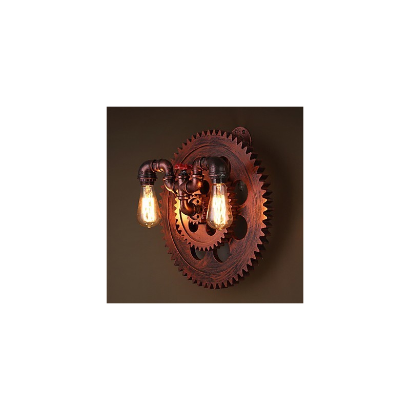 2 Heads Vintage Industrial Wall Lights Wood Gear Shape Lights Restaurant Cafe Bar Decoration Wall Sconces