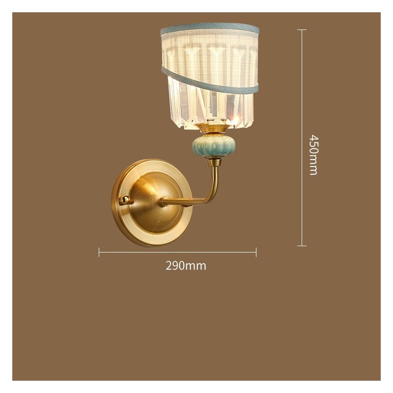 Pure Brass Luxurious Rustic Retro Vintage Brass Ceramics 1 Light Candle Wall Light with Fabric and Crystal Shade Special for Hotel Office Showroom Living Room Dinning Room