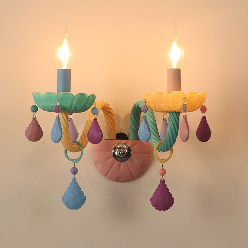 Macaron 2 Light Multi Crystal Candle Retro Glass Wall Light for for Kid's Room Children Bedroom
