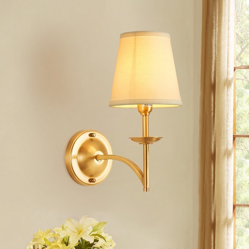 Pure Brass Luxurious Rustic Retro Vintage 1 Light Candle Wall Light with Fabric Shade Special for Hotel Bedroom Showroom Living Room Dinning Room