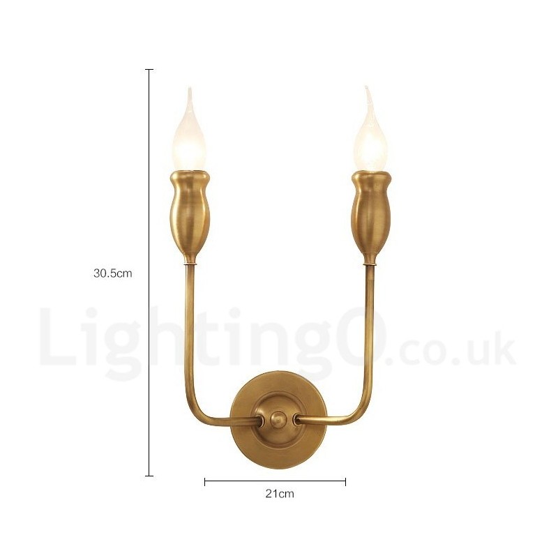 Pure Brass Luxurious Rustic Retro Vintage Brass 2 Light Candle Wall Light Special for Hotel Office Showroom Living Room Dinning Room