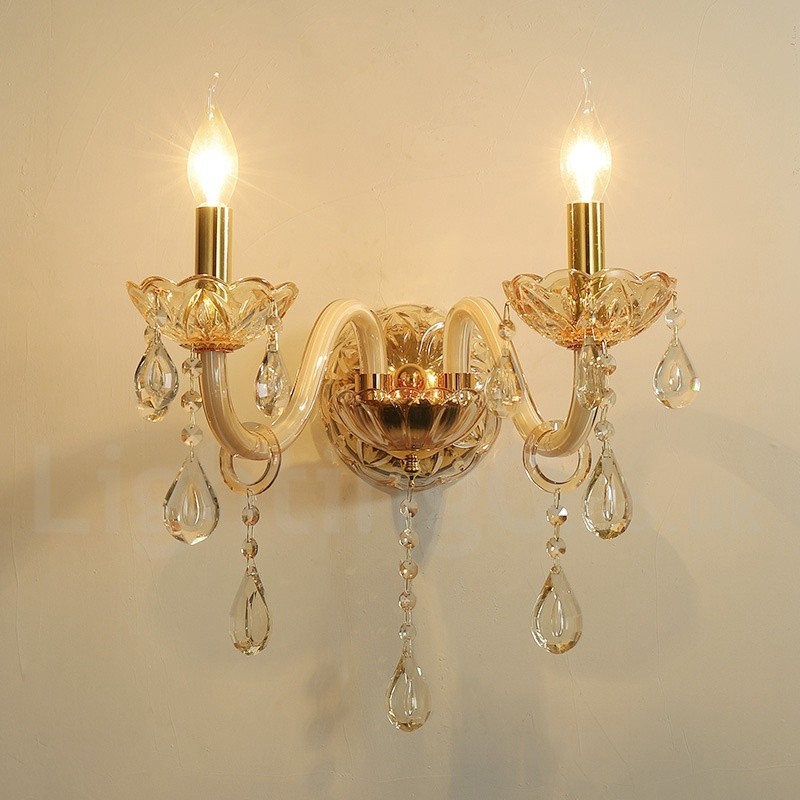2 Light Gold K9 Crystal Candle Retro Glass Wall Light
