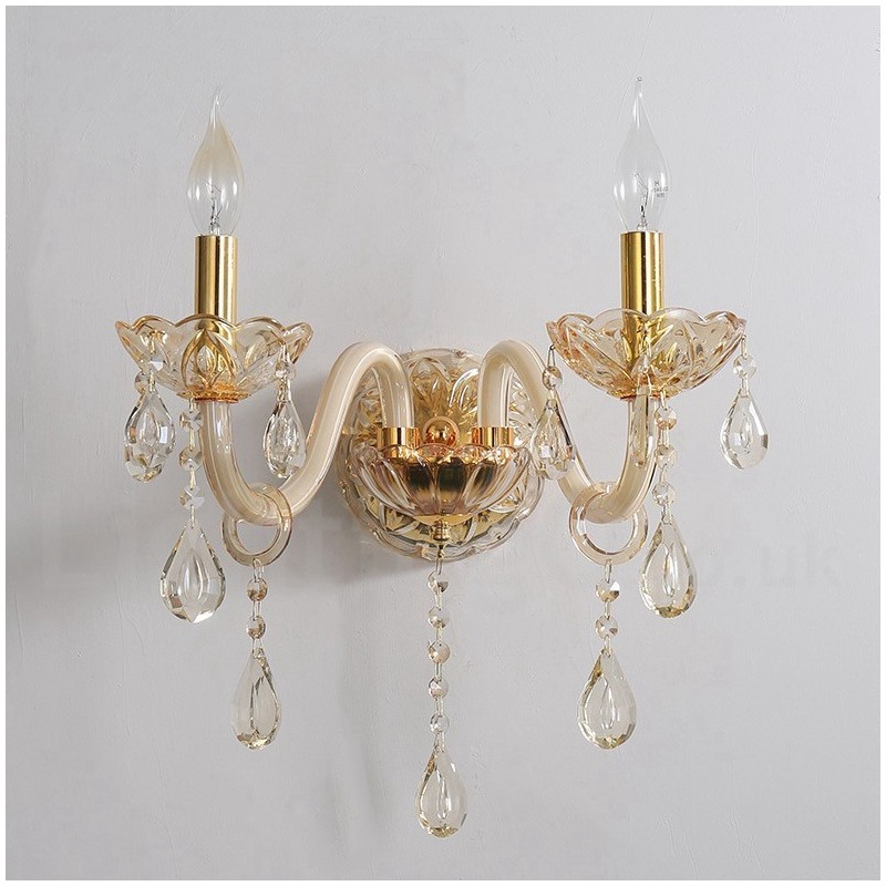 2 Light Gold K9 Crystal Candle Retro Glass Wall Light