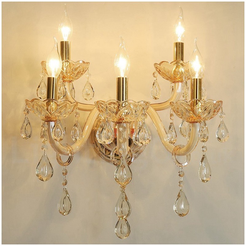 5 Light Gold K9 Crystal Candle Retro Glass Wall Light