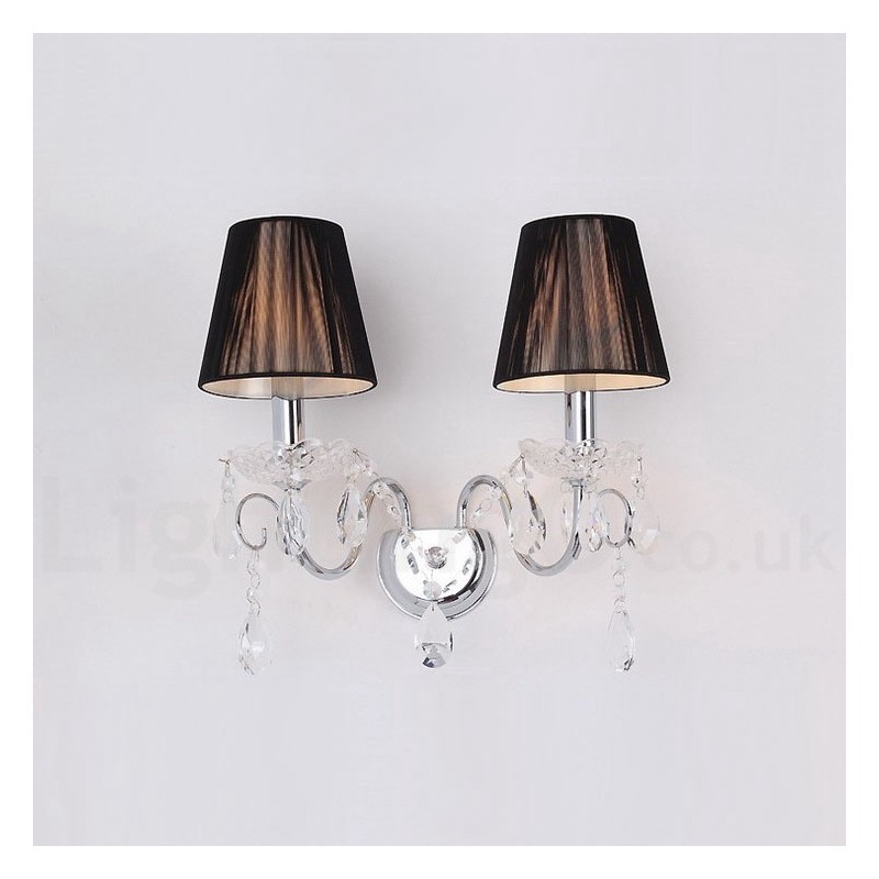2 Light Chrome Silver Colour K9 Crystal Candle Retro Glass Wall Light with Black Fabric Shades