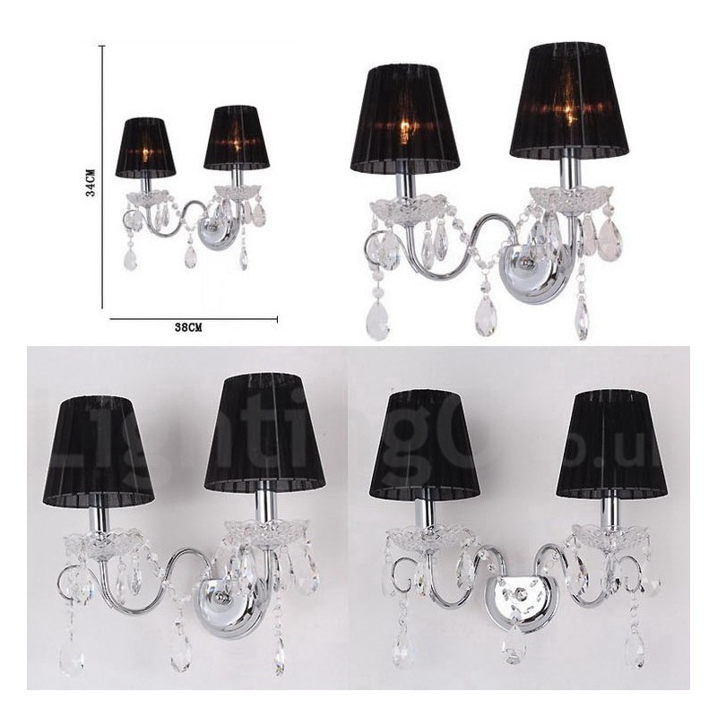 2 Light Chrome Silver Colour K9 Crystal Candle Retro Glass Wall Light with Black Fabric Shades