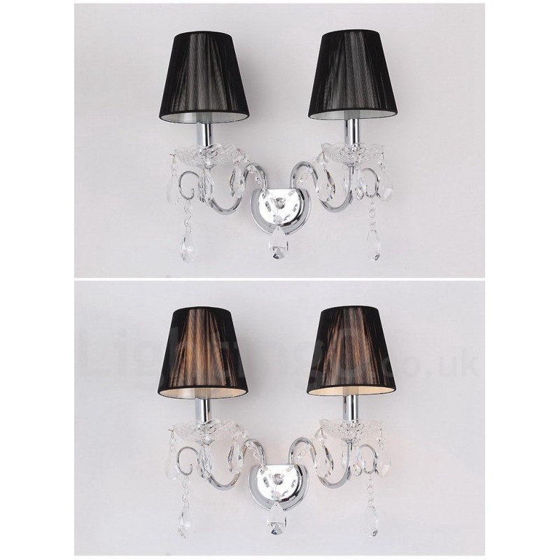 2 Light Chrome Silver Colour K9 Crystal Candle Retro Glass Wall Light with Black Fabric Shades