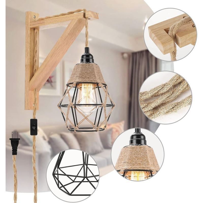 Hemp Rope Iron Art Wall Light American Pastoral Retro Wall Sconce With Plug