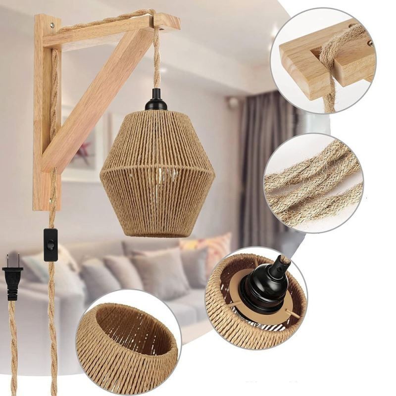 Paper Rope Wall Sconce American Pastoral Retro Wall Light With Plug