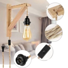 Solid Wood Wall Sconce American Pastoral Retro Hemp Rope Wall Light With Plug