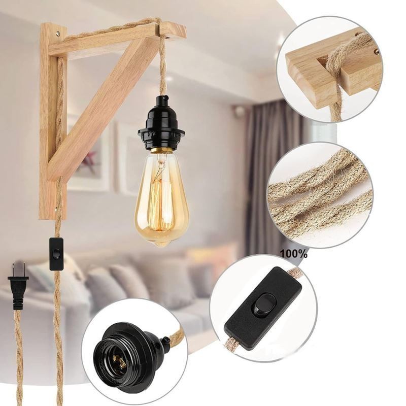 Solid Wood Wall Sconce American Pastoral Retro Hemp Rope Wall Light With Plug