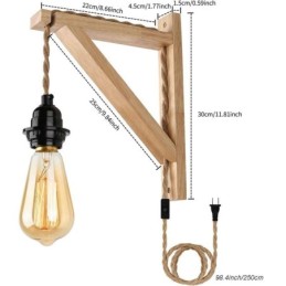 Solid Wood Wall Sconce American Pastoral Retro Hemp Rope Wall Light With Plug