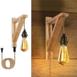Solid Wood Wall Sconce American Pastoral Retro Hemp Rope Wall Light With Plug