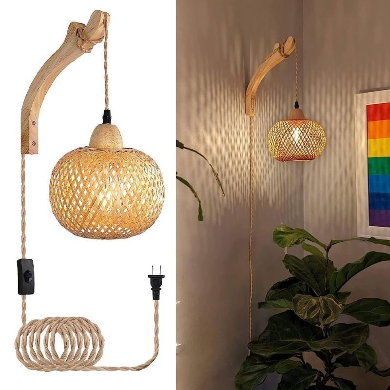 Bamboo Wall Sconce American Pastoral Retro Hemp Rope Wall Light With Plug