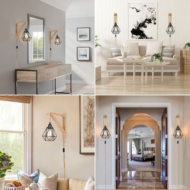 American Retro Wall Sconce 2.5M Hemp Rope Hanging Wire Black Iron Painted Lampshade