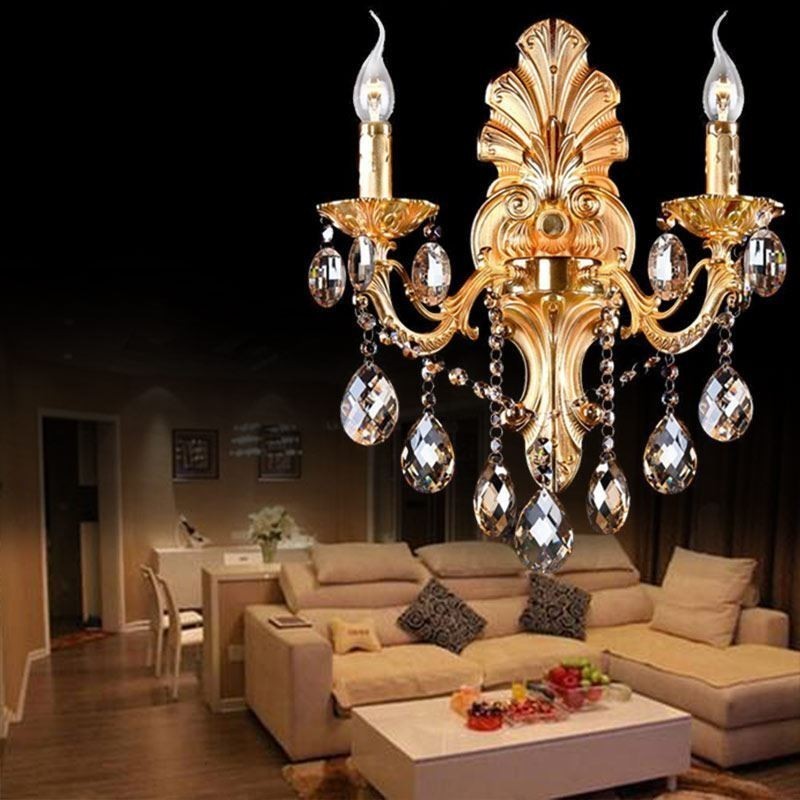 European Wall Lamp Golden Petal Wall Sconce Exquisite Crystal Drops Light Bedside Lighting