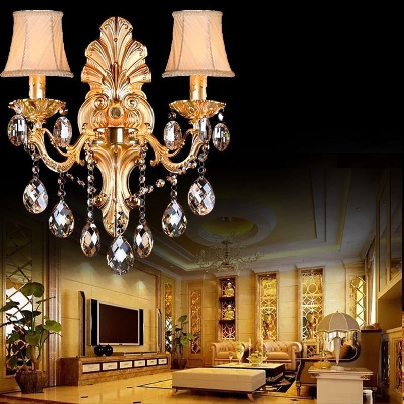 European Wall Lamp Golden Petal Wall Sconce Exquisite Crystal Drops Light Bedside Lighting