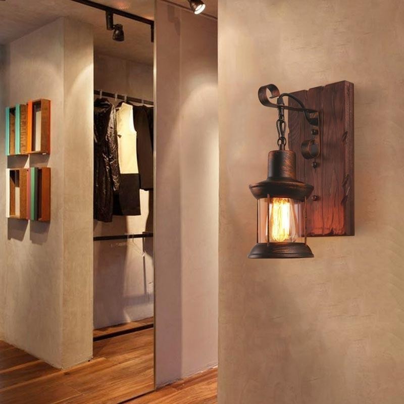 American Vintage Wall Light Industrial LOFT Wall Sconce Solid Wood Glass Lamp Light