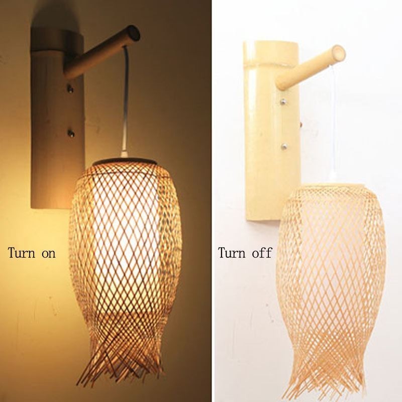 Downward Bamboo Wall Light Rural Round Wall Sconce Bedside Teahouse Creative Light