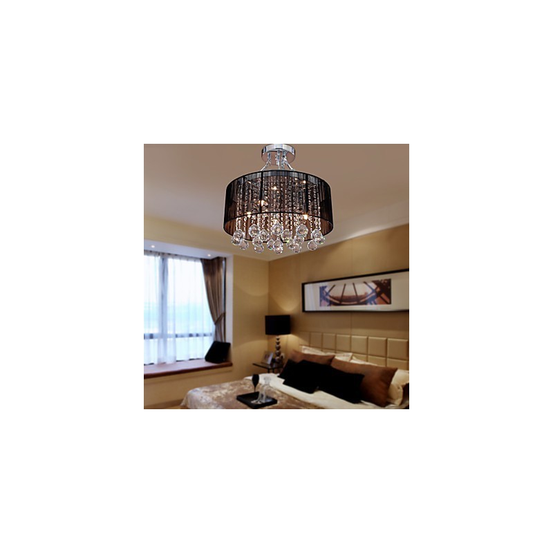 Modern Crystal Flush Mount with 5 Lights Black Fabric Shade