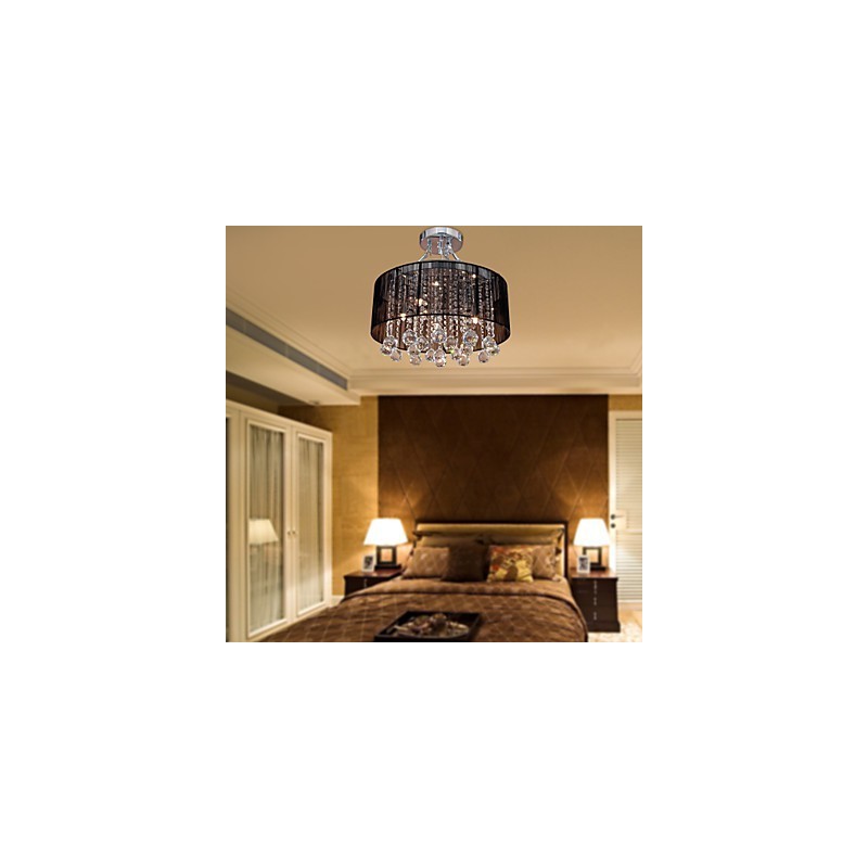 Modern Crystal Flush Mount with 5 Lights Black Fabric Shade
