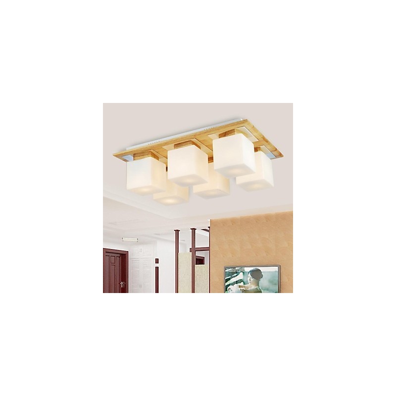Oak Ceiling Lamp Six Lights Oak and Glass 220~240V