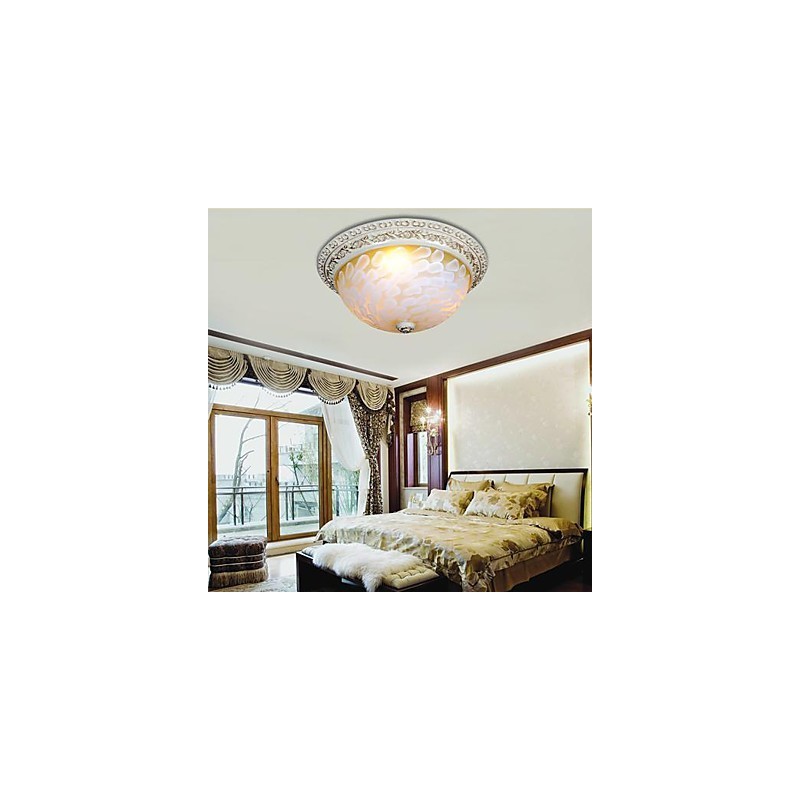 White Flush Mount Light Pattern Glass Resin Gold Carving European Classic