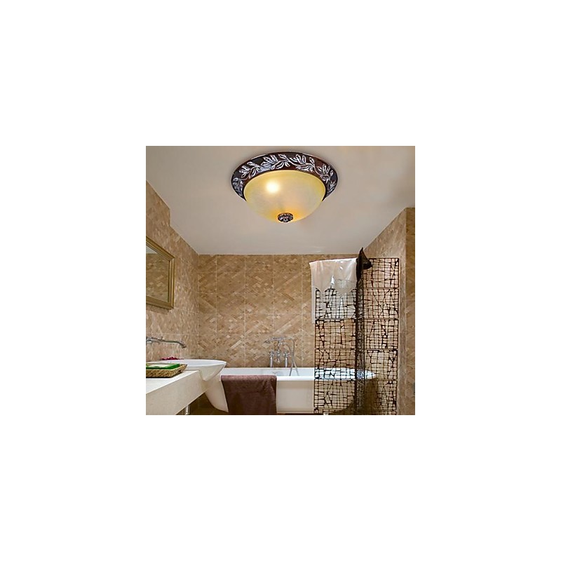 Flush Mount Light White Yellow Glass Resin Silver Carving European Classic