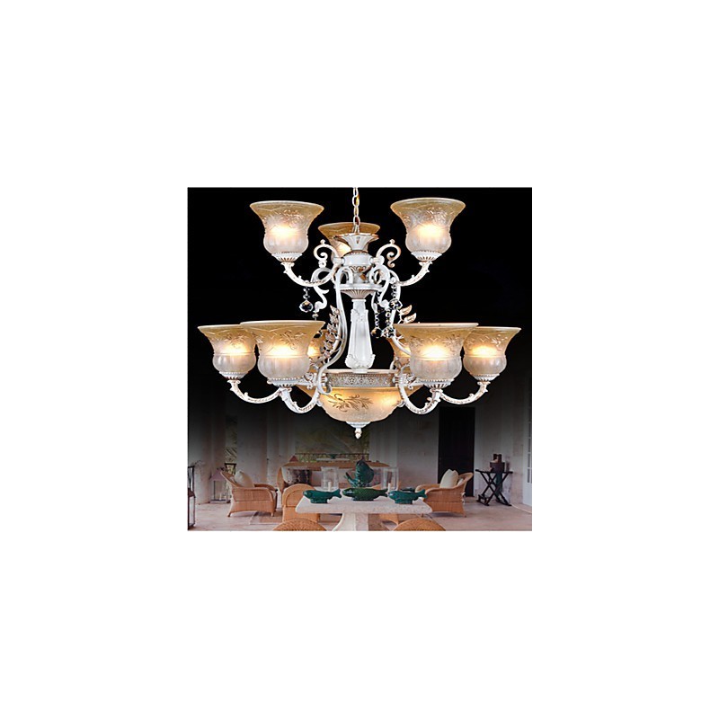 White Chandelier Twelve Lights Pattern Glass Shade Hand Gilt European Retro Classic