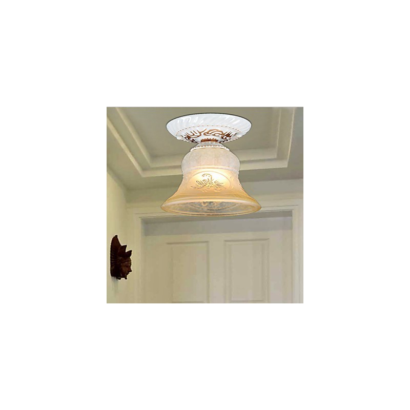 White Flush Mount Light Pattern Glass Shade Hand Gilt European Retro Classic